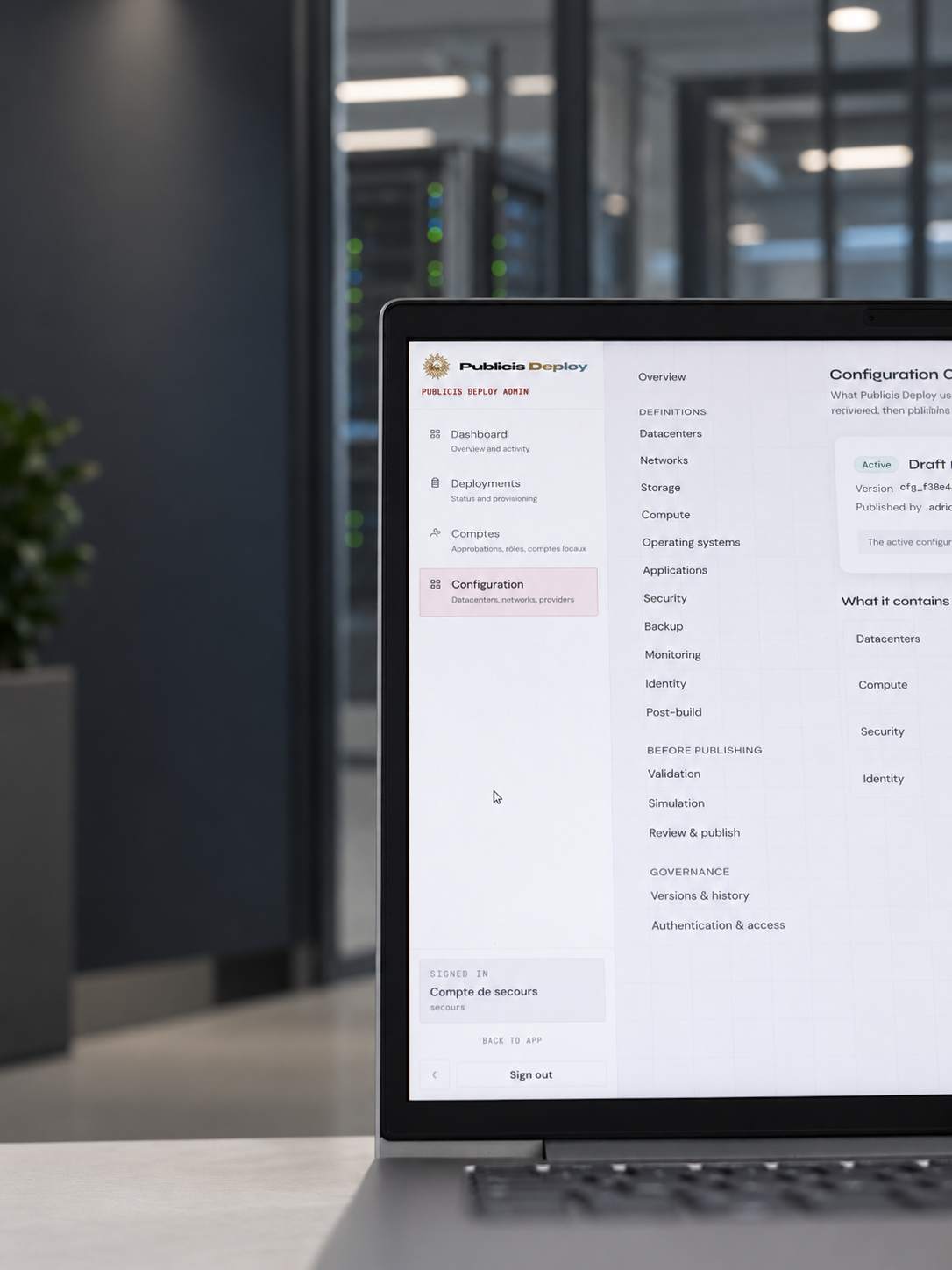 Publicis Deploy, écran de configuration