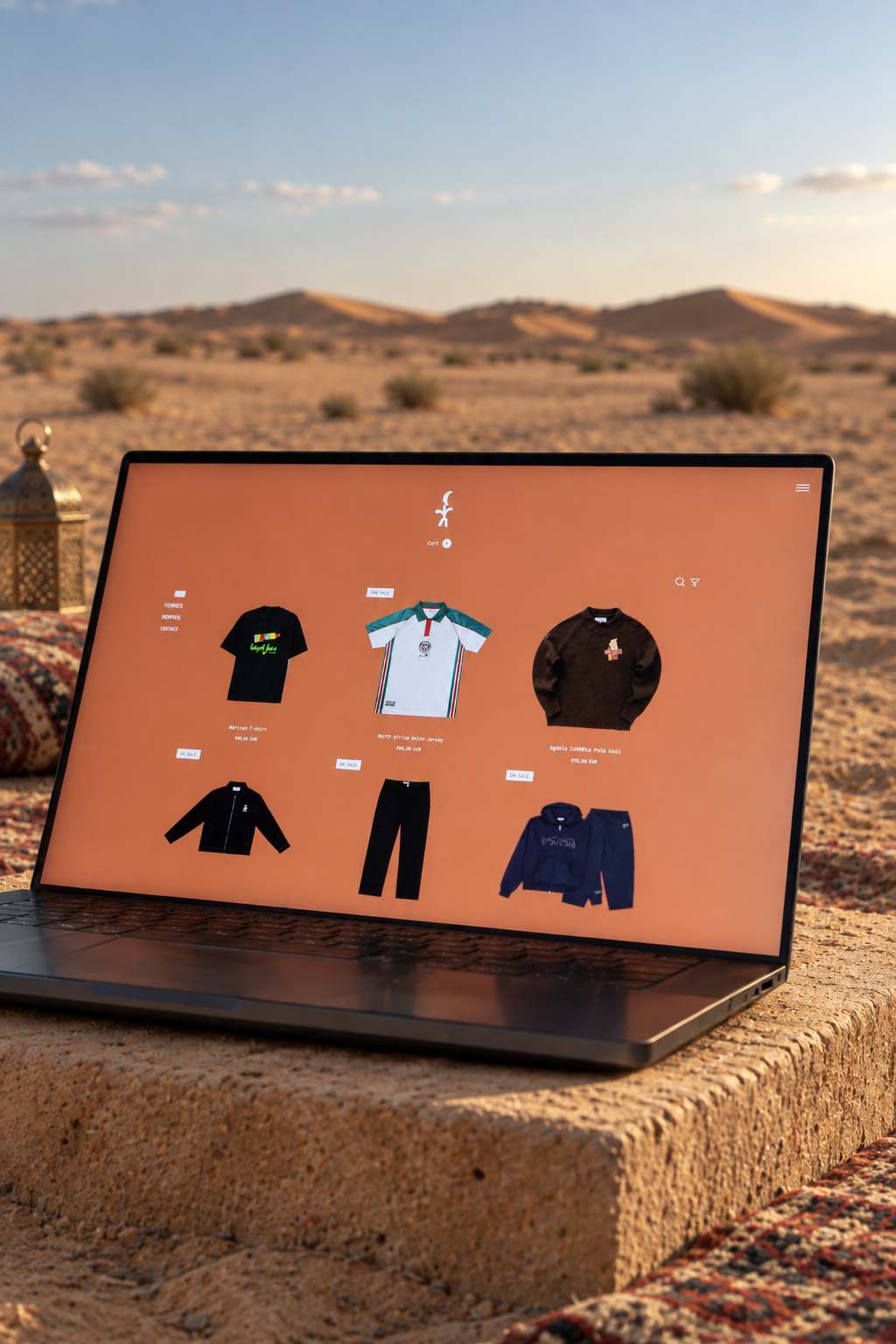 Boutique en ligne Qaamar, grille de produits, affichée sur un ordinateur portable dans le désert